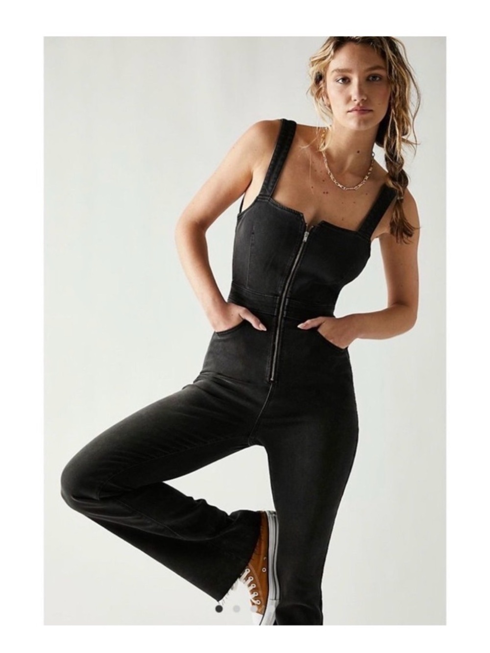 Free People CRVY 2nd Ave One Piece Denim Jumpsuit Black Panther Size 2